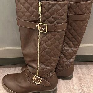 Brown Quilted Knee-High Boots